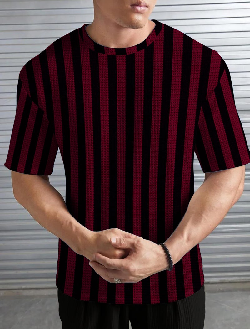 KAJARU Men's Striped Waffle Pattern T-Shirt, Round Neck (in, Alpha, L, Regular, Maroon) - Image 4