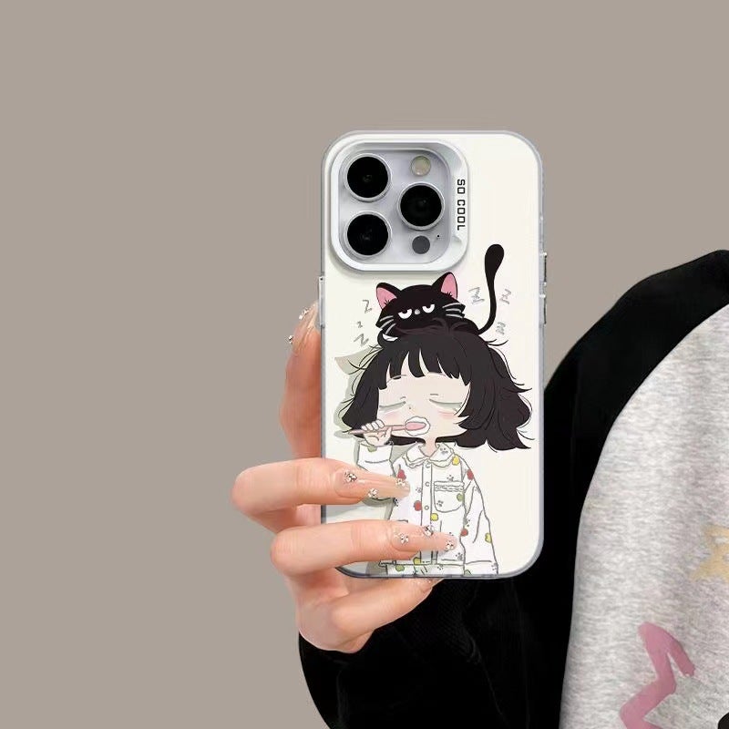 Apple iPhone 16 Pro Phone Case, TPU Shockproof Fashionable Creative Pajama Girl Cat Anti-drop Phone Case