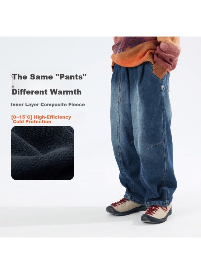 Mipo Winter New Kids Fleece-lined Casual Loose Outdoor Warm Denim Pants Blue 140cm - Image 1