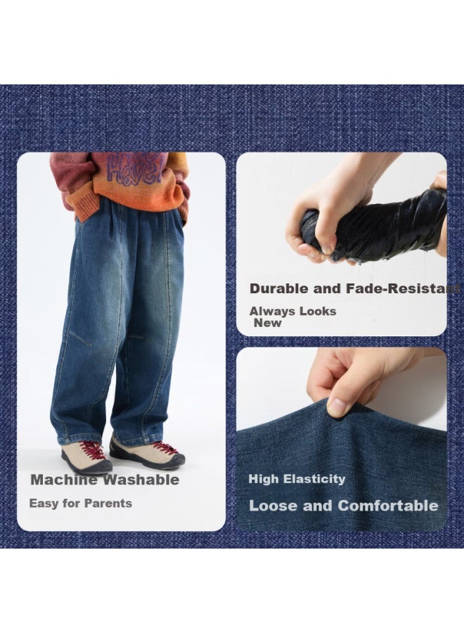 Mipo Winter New Kids Fleece-lined Casual Loose Outdoor Warm Denim Pants Blue 140cm - Image 2