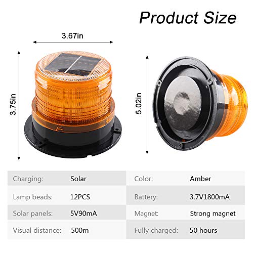 Sidaqi Solar-Energy LED Beacon Strobe Light 12V Amber with Magnetic Base Emergency Warning Flashing Caution Lights for Forklift Construction Vehicles Truck - Image 2