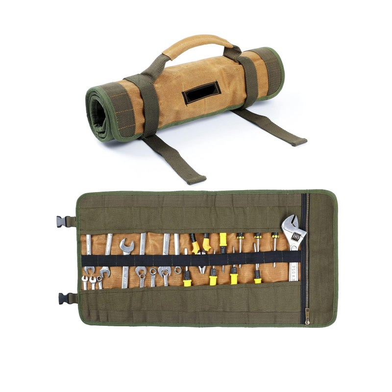 SOLARAE حقيبة أدوات قابلة لللف، حقيبة أدوات من قماش مشمع 16 أونصة مع مقبض و 23 جيب و 2 مشبك قابل للتعديل، حقيبة أدوات متعددة الاستخدامات للبراغي والمطارق والمفاتيح - Image 1