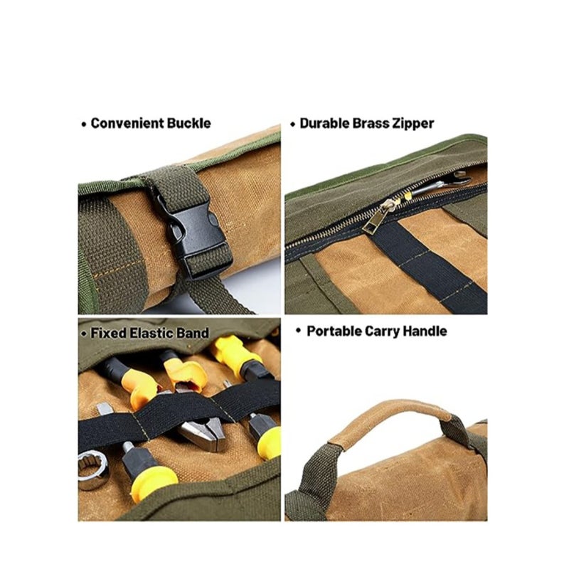 SOLARAE حقيبة أدوات قابلة لللف، حقيبة أدوات من قماش مشمع 16 أونصة مع مقبض و 23 جيب و 2 مشبك قابل للتعديل، حقيبة أدوات متعددة الاستخدامات للبراغي والمطارق والمفاتيح - Image 4