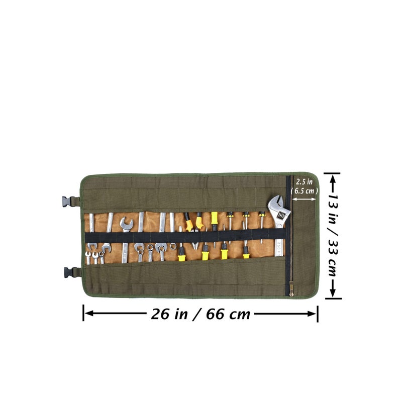 SOLARAE حقيبة أدوات قابلة لللف، حقيبة أدوات من قماش مشمع 16 أونصة مع مقبض و 23 جيب و 2 مشبك قابل للتعديل، حقيبة أدوات متعددة الاستخدامات للبراغي والمطارق والمفاتيح - Image 2