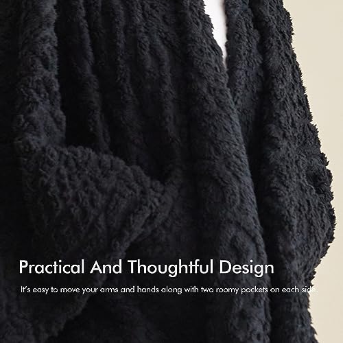 Royoliving Fuzzy Sherpa Wearable Fleece Blanket with Pockets for Adults, Ultra Soft Plush Shawl Throw Blankets (Black, 58'' x 64'') - Image 3