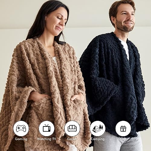 Royoliving Fuzzy Sherpa Wearable Fleece Blanket with Pockets for Adults, Ultra Soft Plush Shawl Throw Blankets (Black, 58'' x 64'') - Image 4
