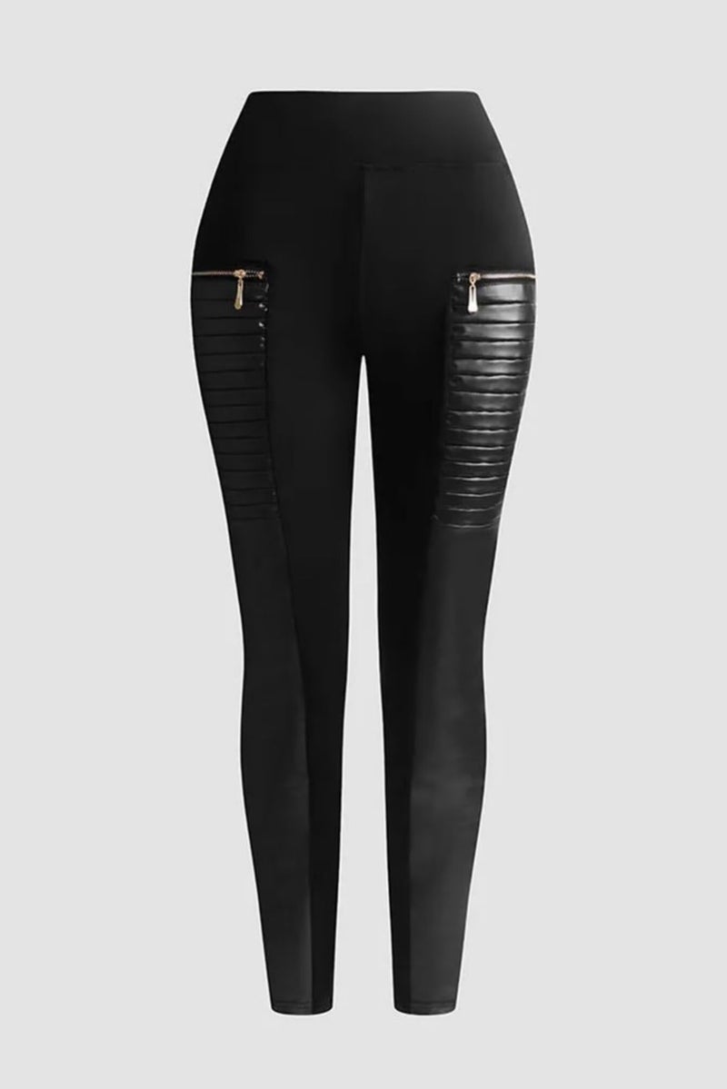 Flamingals Faux Leather Mid Waisted Tummy Control Motorcycle Leggings for Women Stretchy with Pockets Patch Zip Black M - Image 5