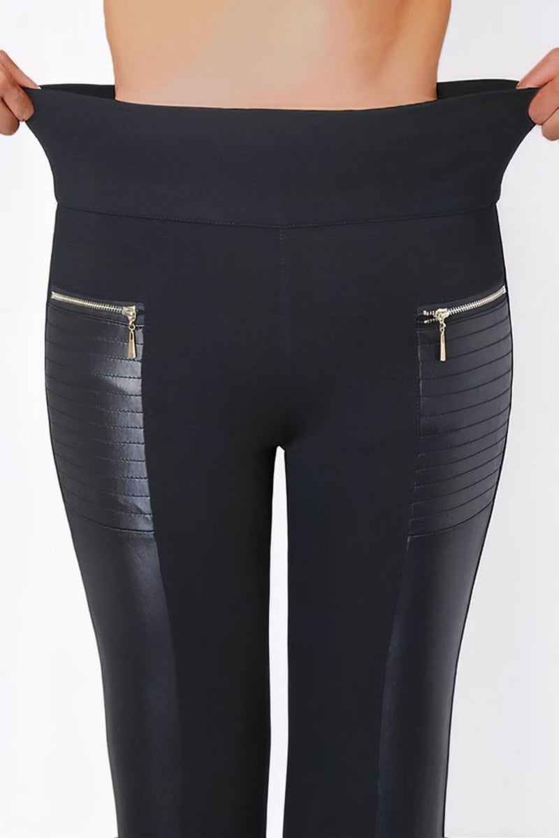 Flamingals Faux Leather Mid Waisted Tummy Control Motorcycle Leggings for Women Stretchy with Pockets Patch Zip Black M - Image 2