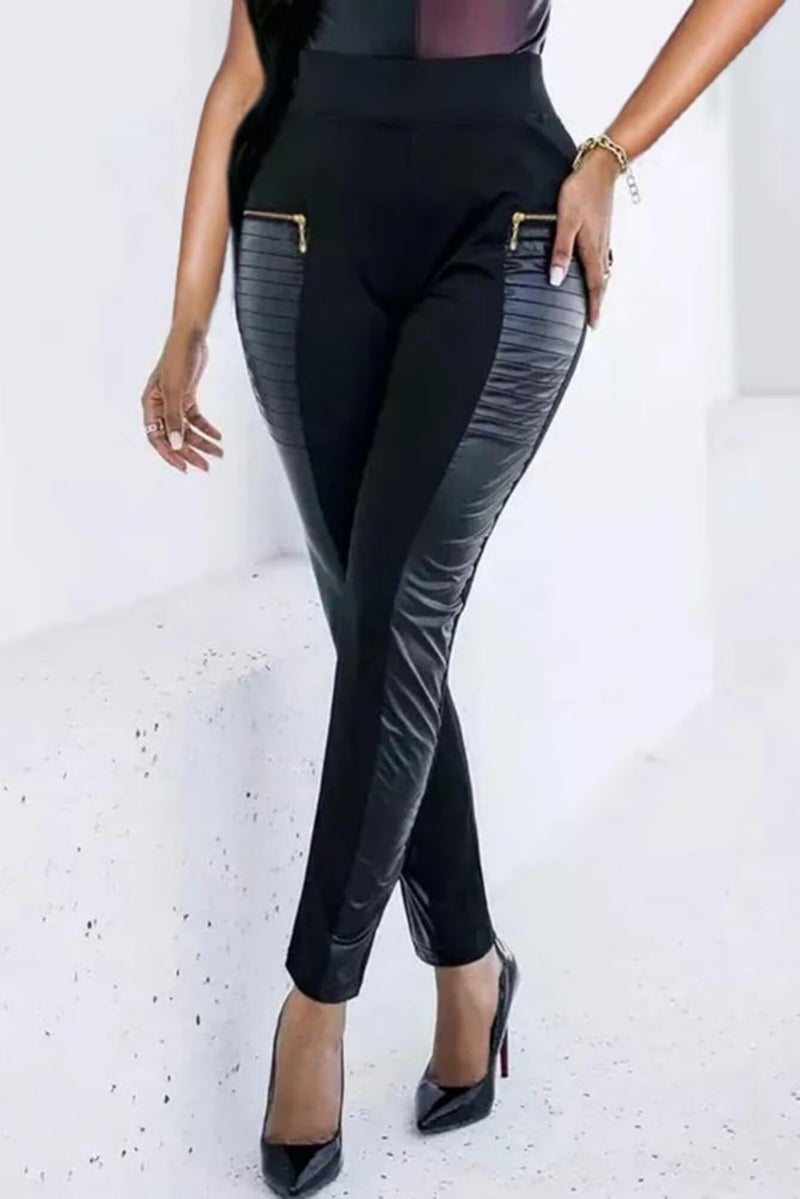 Flamingals Faux Leather Mid Waisted Tummy Control Motorcycle Leggings for Women Stretchy with Pockets Patch Zip Black M - Image 3