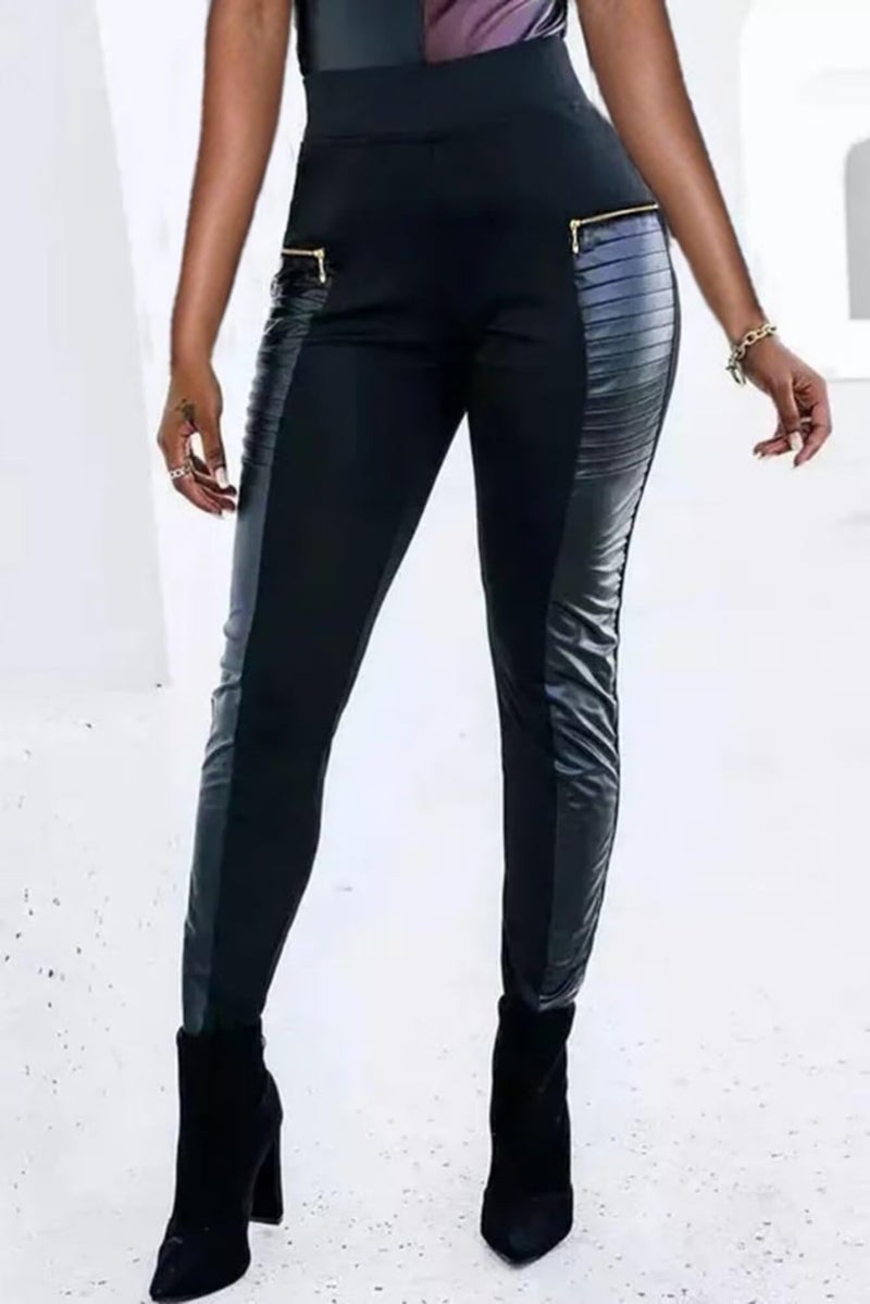 Flamingals Faux Leather Mid Waisted Tummy Control Motorcycle Leggings for Women Stretchy with Pockets Patch Zip Black M - Image 4