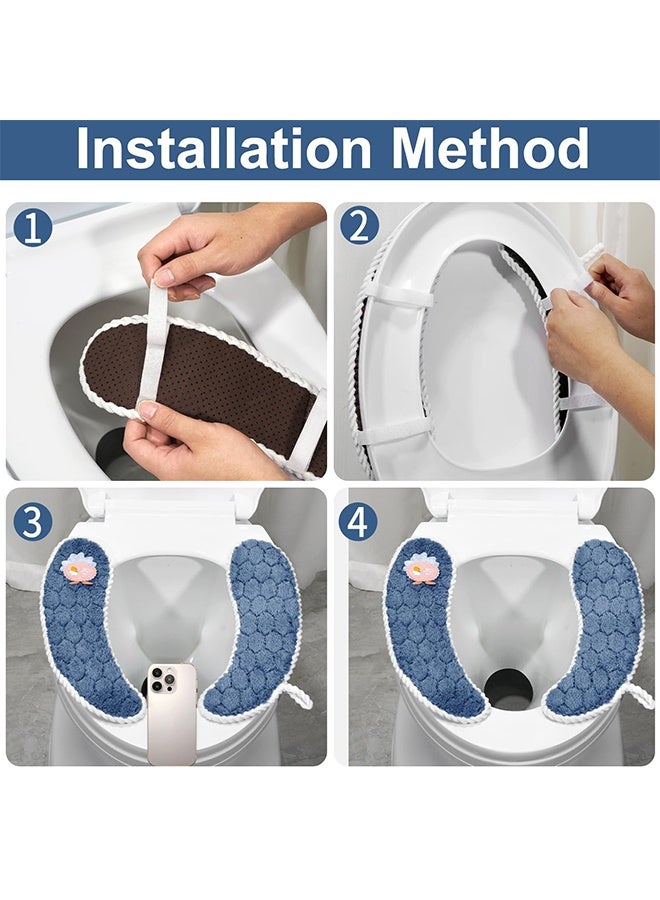 1 Pair Blue Bathroom Toilet Seat Warmer Cover with Handle, Soft Washable Reusable Toilet Seat Cushion, Warm Toilet Pad for Winter, Universal Fit - Image 3