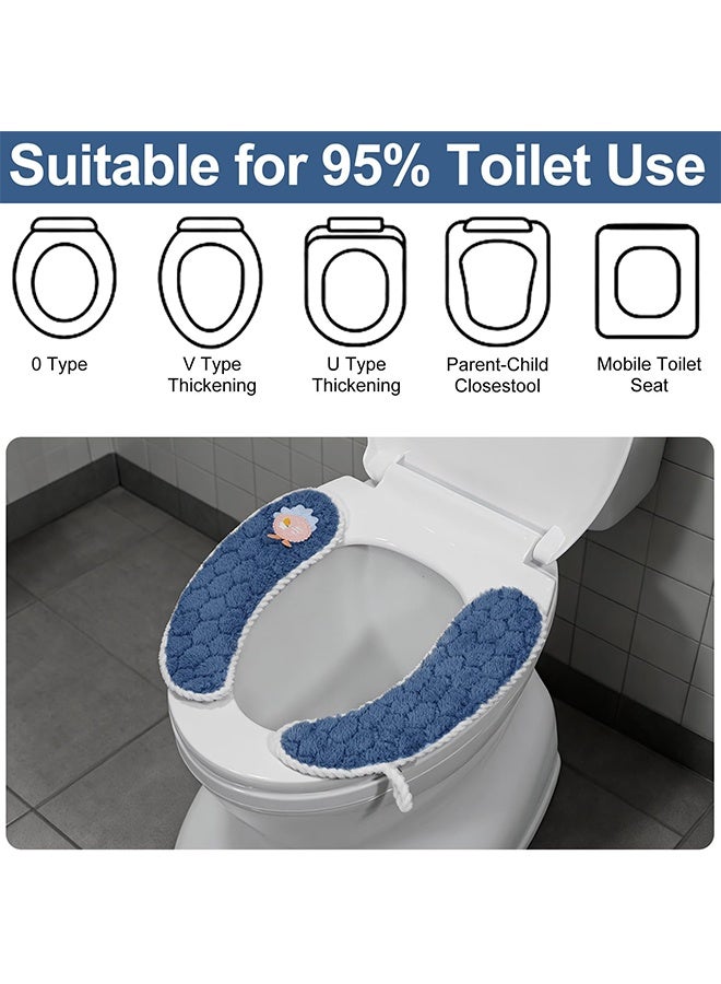 1 Pair Blue Bathroom Toilet Seat Warmer Cover with Handle, Soft Washable Reusable Toilet Seat Cushion, Warm Toilet Pad for Winter, Universal Fit - Image 4