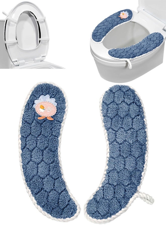 1 Pair Blue Bathroom Toilet Seat Warmer Cover with Handle, Soft Washable Reusable Toilet Seat Cushion, Warm Toilet Pad for Winter, Universal Fit - Image 1