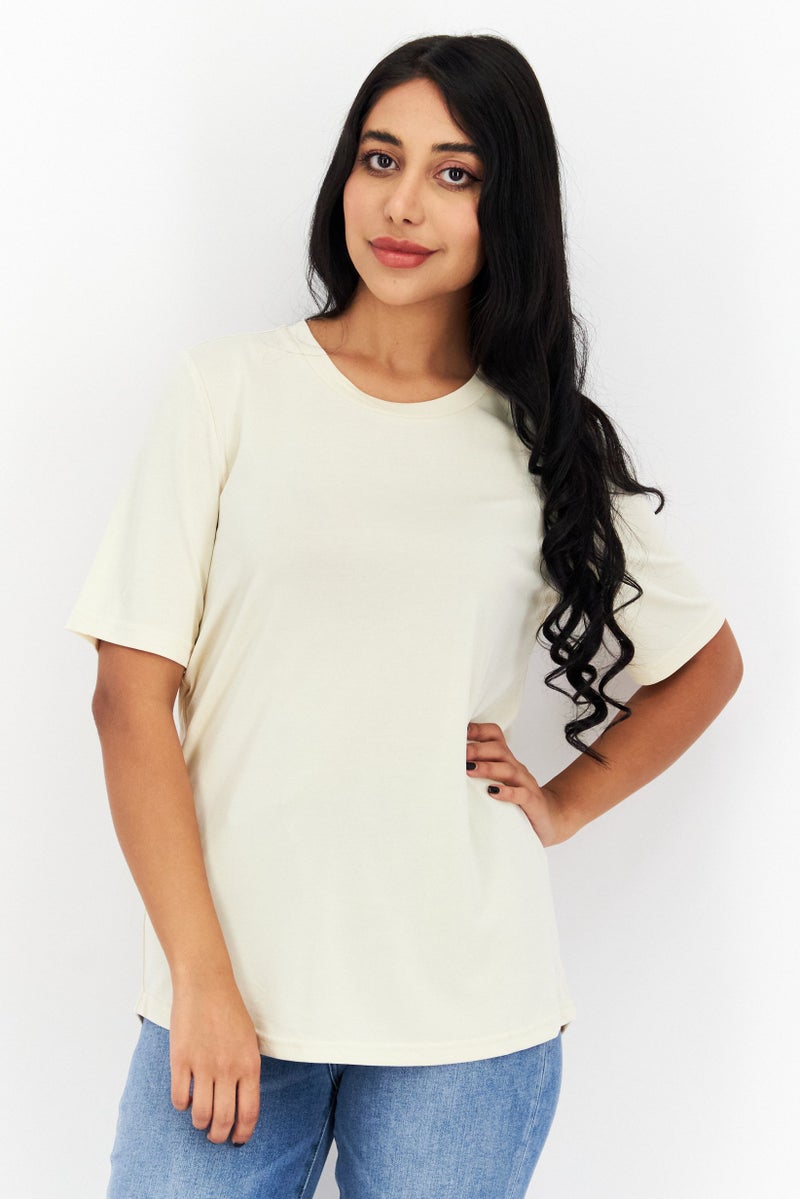 SELECTED تي شيرت نسائي بأكمام قصيرة وياقة دائرية، لون رملية - Image 1