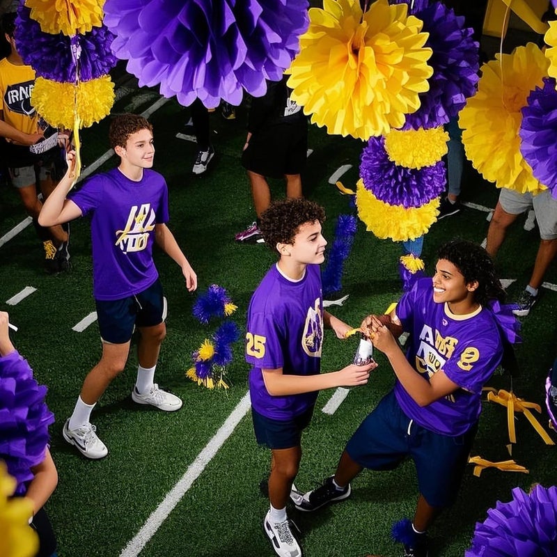 Capesaro Purple Yellow Tissue Paper Pom Poms，12PCS Tissue Paper Flowers for Basketball Sport Theme Party Birthday, Graduation Decorations, Football Party Supplies for Men Boys Adults Sports Theme - Image 3