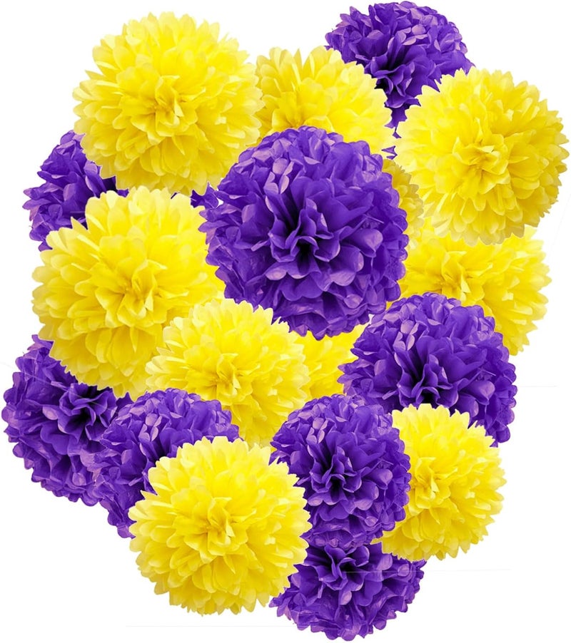Capesaro Purple Yellow Tissue Paper Pom Poms，12PCS Tissue Paper Flowers for Basketball Sport Theme Party Birthday, Graduation Decorations, Football Party Supplies for Men Boys Adults Sports Theme - Image 1