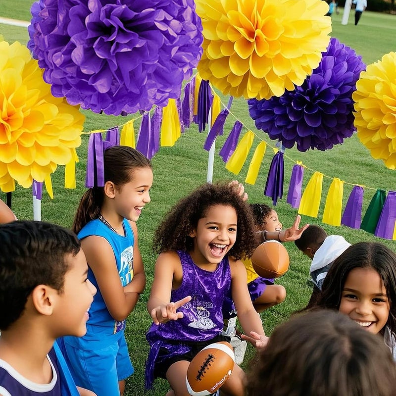 Capesaro Purple Yellow Tissue Paper Pom Poms，12PCS Tissue Paper Flowers for Basketball Sport Theme Party Birthday, Graduation Decorations, Football Party Supplies for Men Boys Adults Sports Theme - Image 4