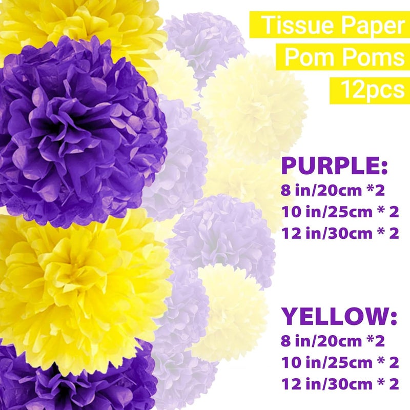 Capesaro Purple Yellow Tissue Paper Pom Poms，12PCS Tissue Paper Flowers for Basketball Sport Theme Party Birthday, Graduation Decorations, Football Party Supplies for Men Boys Adults Sports Theme - Image 2
