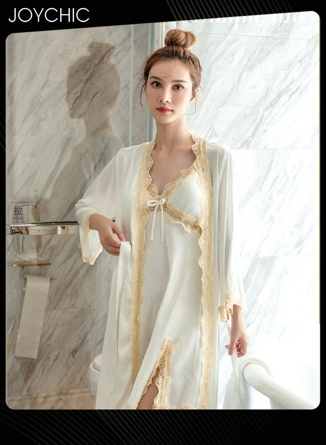 Joychic فستان نوم جديد من قطعتين من حرير الثلج بطول متوسط للنساء لفصل الربيع والصيف والخريف مع دانتيل على شكل حرف V وبطانات صدر للمنزل باللون الأبيض - Image 2