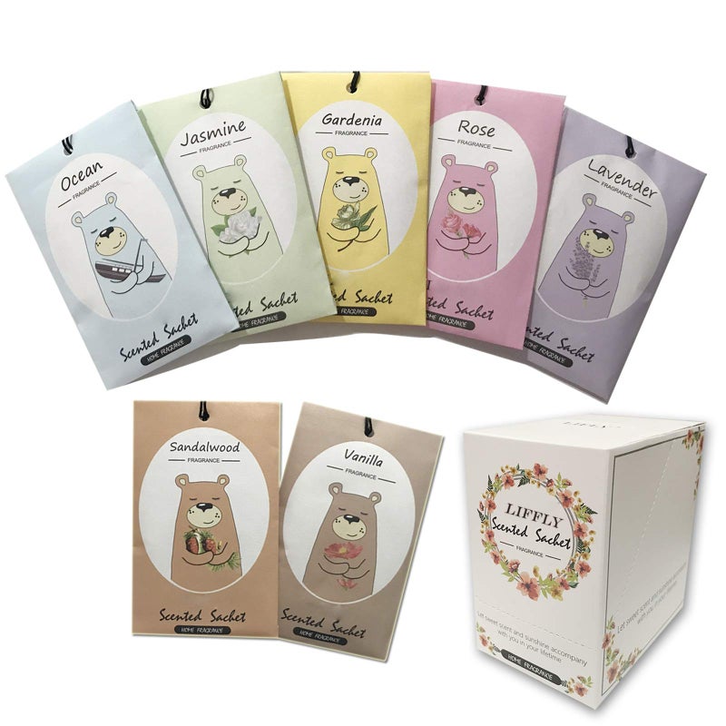 LIFFLY 14 Packs Scented Sachets for Drawers and Closets Lavender, Rose, Jasmine, Ocean, Vanilla, Sandalwood, Gardenia 7 Scent - Image 1