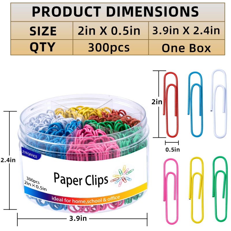 ZYFOFFICE Colored Jumbo Paper Clips, 300pcs 2 Inch (50 mm) Paper Clip Paperclips Colorful Clips for Paperwork Ideal for Home, School and Office Use Colored (Colorful, 2 Inch) - Image 2
