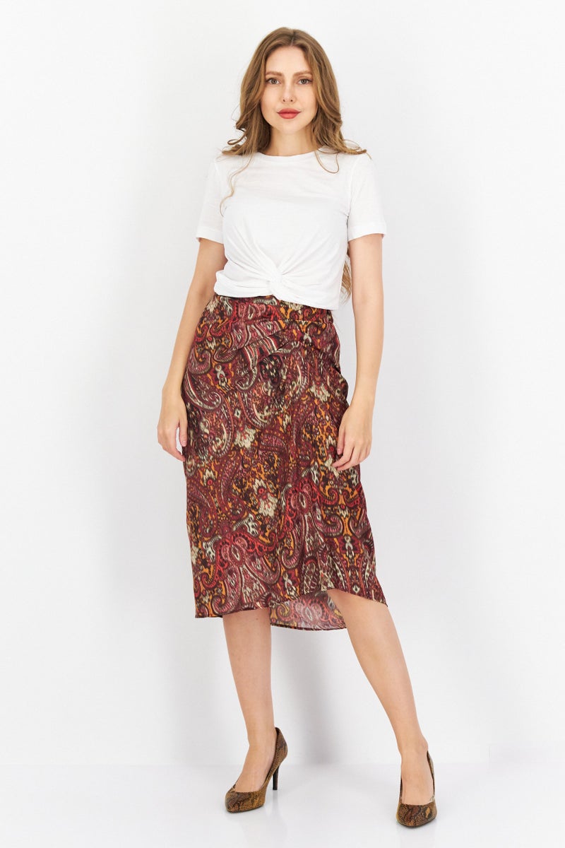 promod Women Allover Printed Basic Midi Skirt, Brown Combo - Image 3