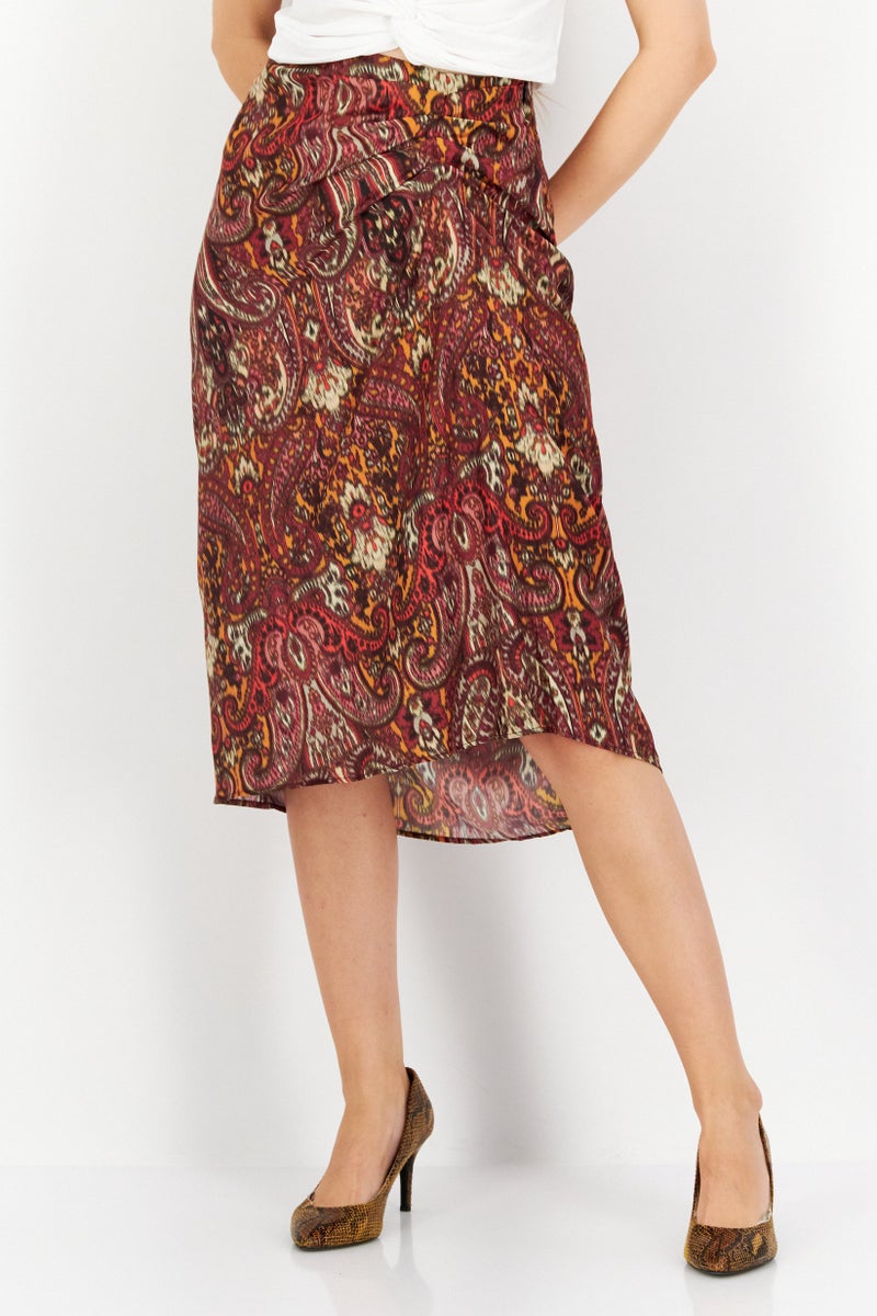 promod Women Allover Printed Basic Midi Skirt, Brown Combo - Image 1