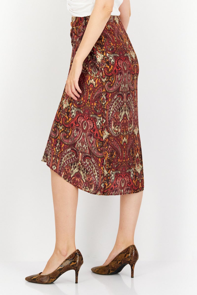 promod Women Allover Printed Basic Midi Skirt, Brown Combo - Image 4