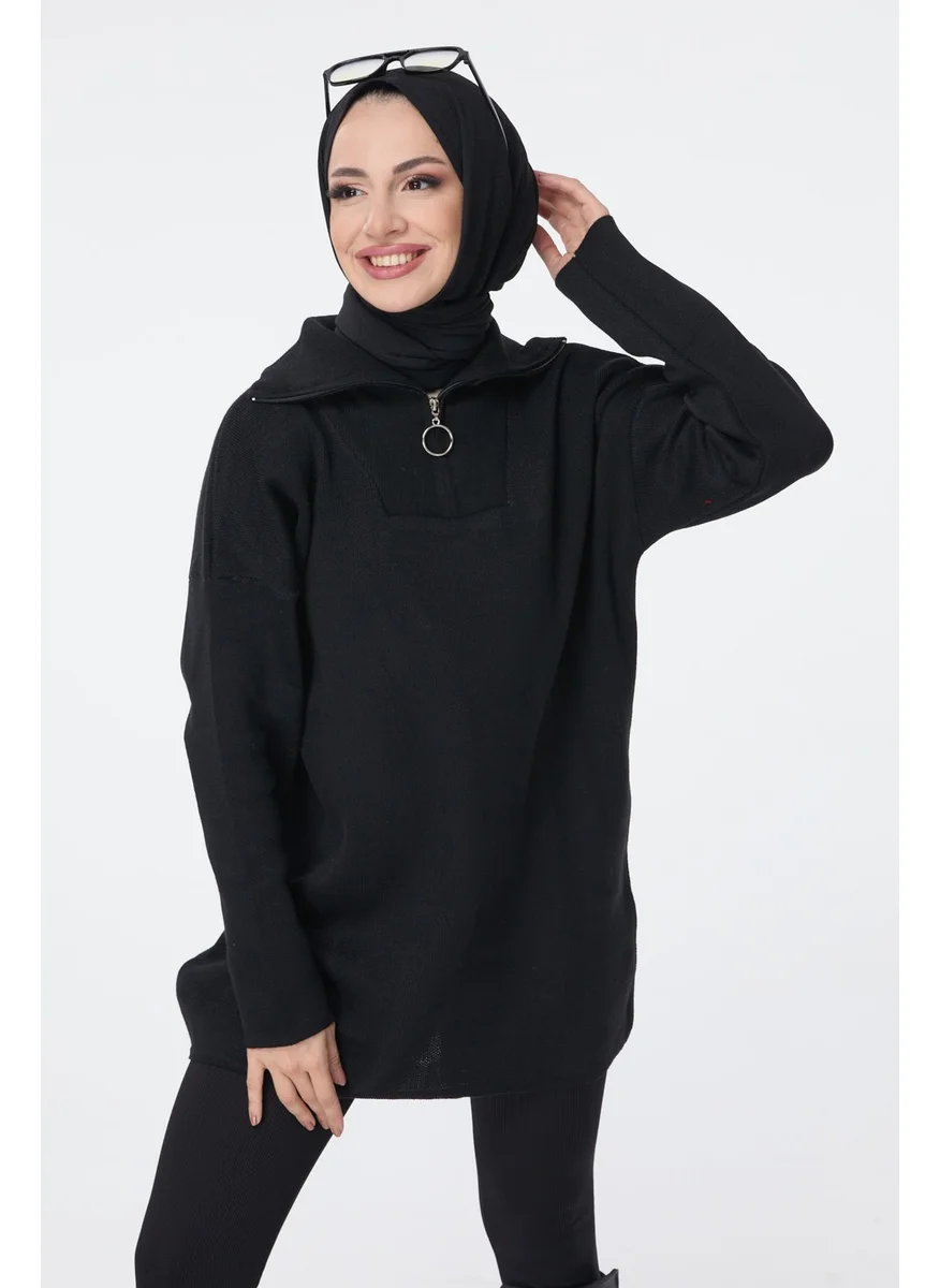 Tofisa 24211-BLACK Zippered Collar Knitwear Tunic