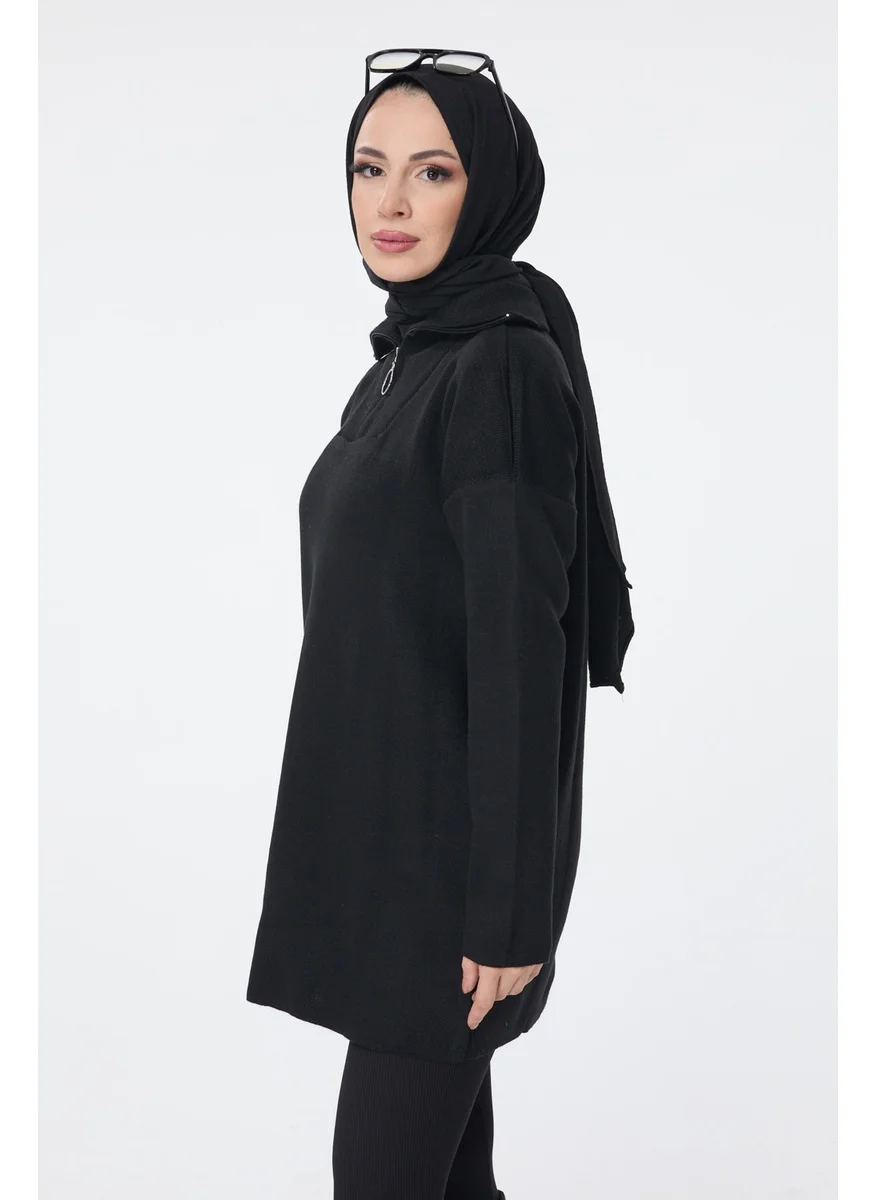 Tofisa 24211-BLACK Zippered Collar Knitwear Tunic