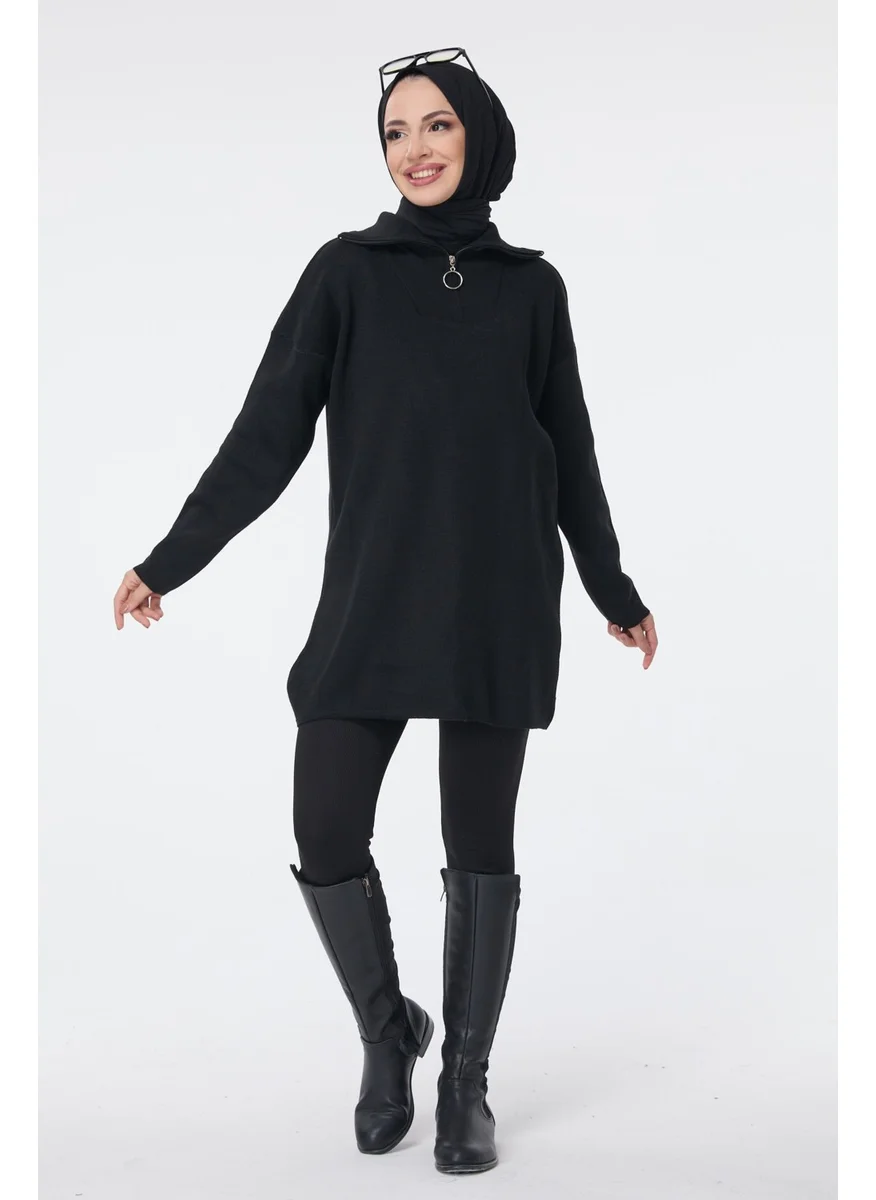 Tofisa 24211-BLACK Zippered Collar Knitwear Tunic