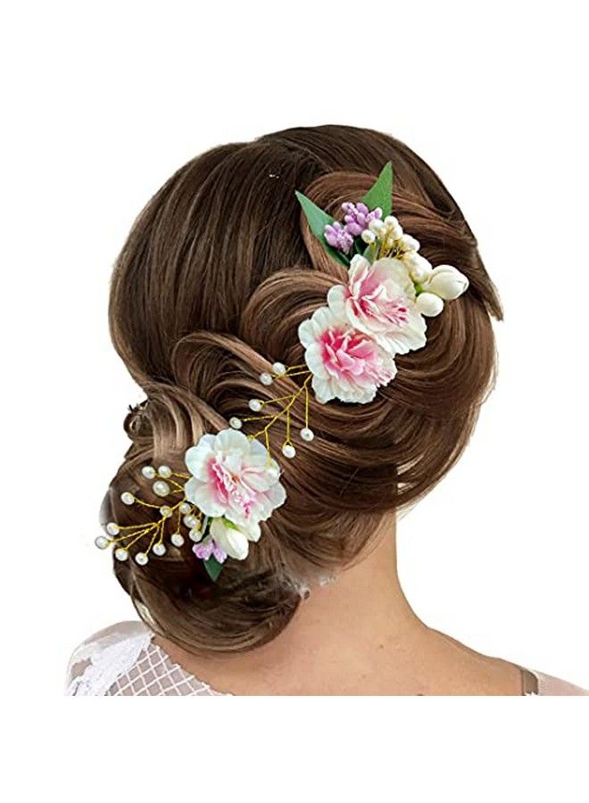 Hair Flare Artificial Floral Design Pearl Hairpin; Judapin; Juda Bun Bridal Hair Accessories For Women and Girls Baby Pink 2224 - Image 4