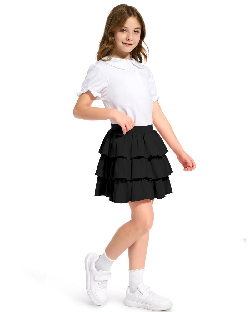 KEREDA Girls Skirt Kids Casual 3-Layer Ruffle Skort School Uniform Skirts for Girls Black 7-8 Years - Image 4