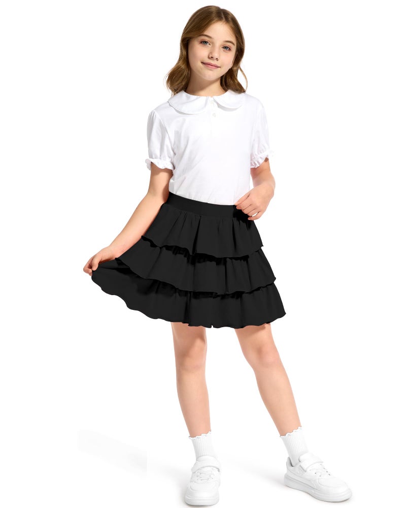 KEREDA Girls Skirt Kids Casual 3-Layer Ruffle Skort School Uniform Skirts for Girls Black 7-8 Years - Image 2