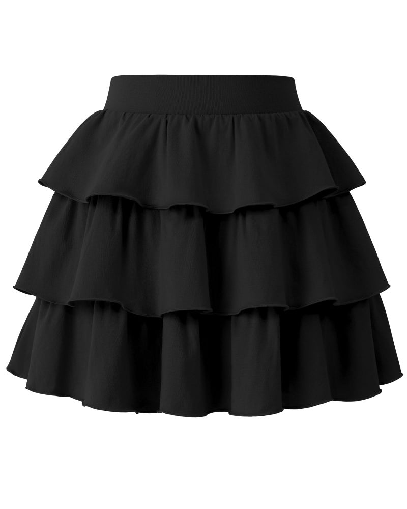 KEREDA Girls Skirt Kids Casual 3-Layer Ruffle Skort School Uniform Skirts for Girls Black 7-8 Years - Image 1