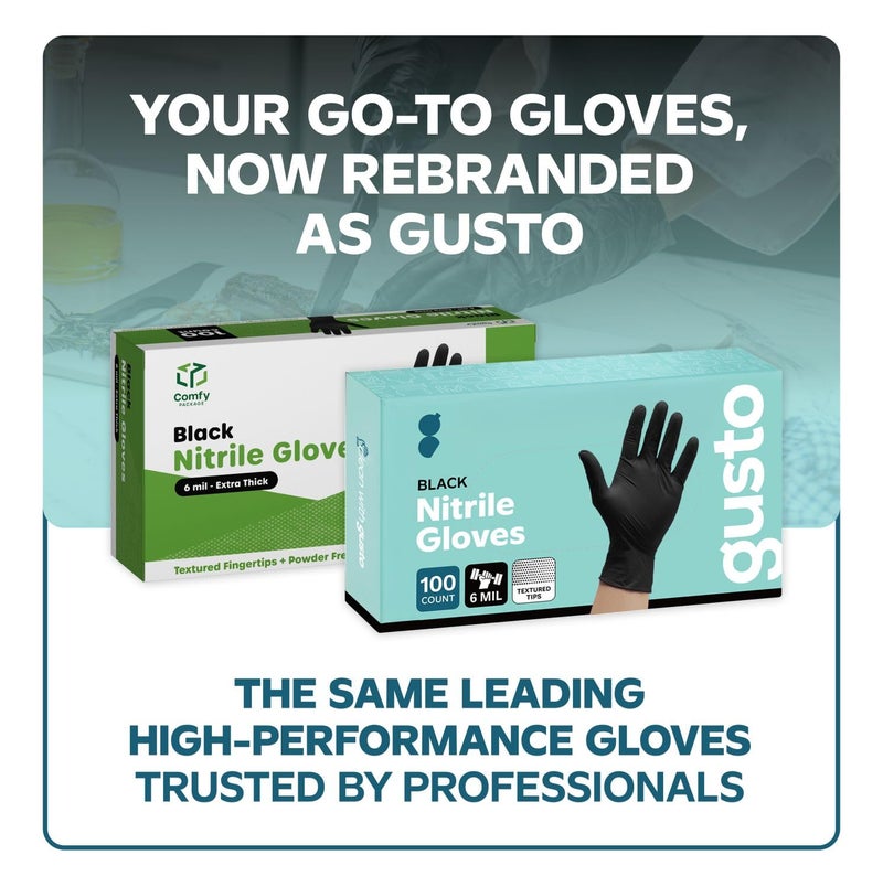 Comfy Package GUSTO Black Nitrile Gloves [100 Count] 6 Mil, HEAVY DUTY Disposable Gloves for Food Prep, Cooking, Tattoo, Cleaning â€“ Latex-Free, Powder-Free, Textured Fingertips - Medium (Formerly - Image 2