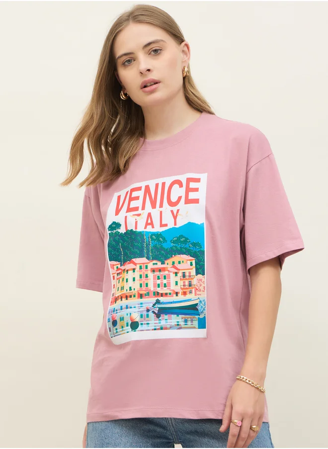 Styli Graphic Print Short Sleeve Oversized T-Shirt