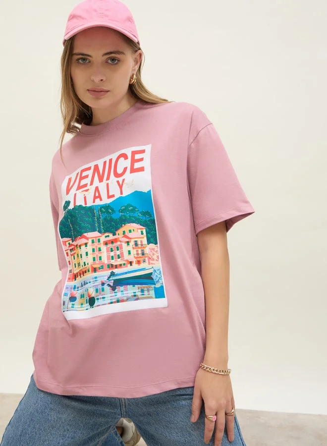 Styli Graphic Print Short Sleeve Oversized T-Shirt