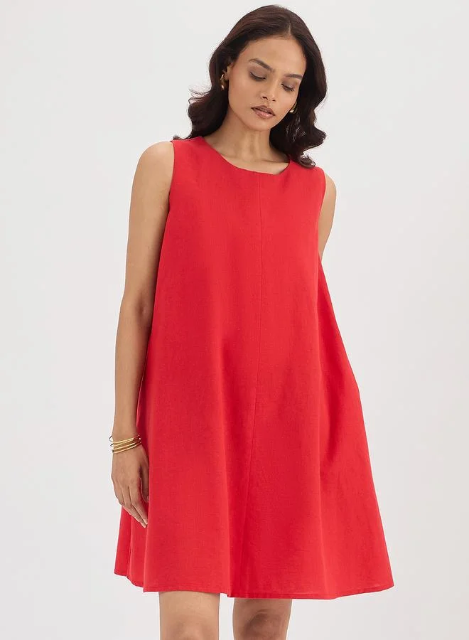 Red Sleeveless Linen Blend A-Line Mini Dress