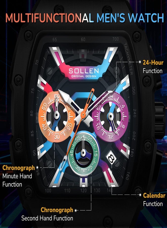 SOLLEN Stylish Men's Chronograph Watches, Analog Tonneau Quartz Mens Watches with Calendar,Fashion Sport Casual Work Wrist Watches for Men with Silicon Strap,Colorful Dial Skeleton Watch Gifts for Men - Image 4