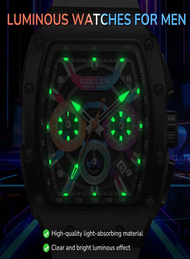 SOLLEN Stylish Men's Chronograph Watches, Analog Tonneau Quartz Mens Watches with Calendar,Fashion Sport Casual Work Wrist Watches for Men with Silicon Strap,Colorful Dial Skeleton Watch Gifts for Men - Image 5