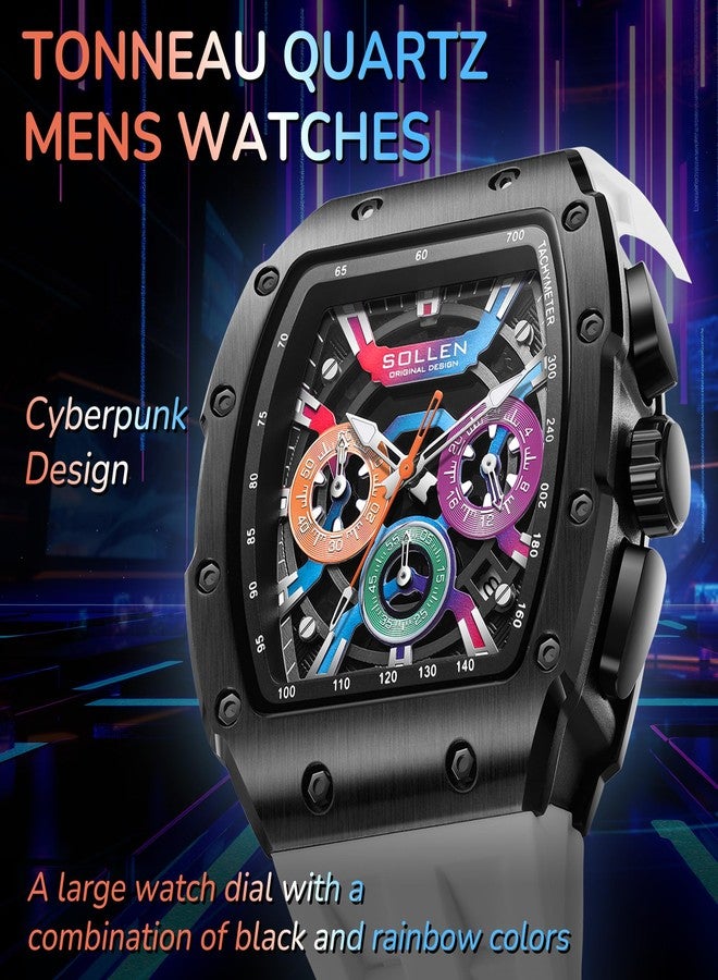 SOLLEN Stylish Men's Chronograph Watches, Analog Tonneau Quartz Mens Watches with Calendar,Fashion Sport Casual Work Wrist Watches for Men with Silicon Strap,Colorful Dial Skeleton Watch Gifts for Men - Image 3