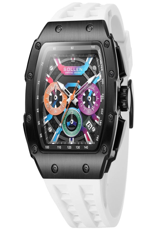 SOLLEN Stylish Men's Chronograph Watches, Analog Tonneau Quartz Mens Watches with Calendar,Fashion Sport Casual Work Wrist Watches for Men with Silicon Strap,Colorful Dial Skeleton Watch Gifts for Men - Image 1