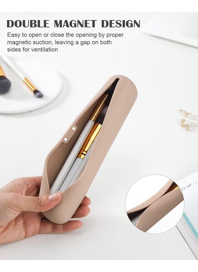 INOVERA (LABEL) INOVERA (LABEL) Silicone Large Makeup Brush Holder, Cosmetic Face Brushes Pouch, Magnetic Anti-Fall Out, Soft And Sleek Makeup Tools Organizer For Travel (Khaki, Width:6 Cm)  - Image 3