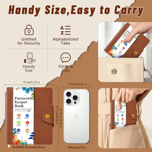 BLESWIN Password Keeper Book with Alphabetical Tabs, Small Internet Password Book for Webside Login, Internet Address and Password Book, Password Notebook for Organized, Brown - Image 5