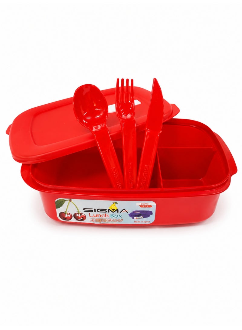 Title Sigma Lunch Box 1.5L with Spoon, Fork & Knife – Reusable Food Container with Secure Lid – Red