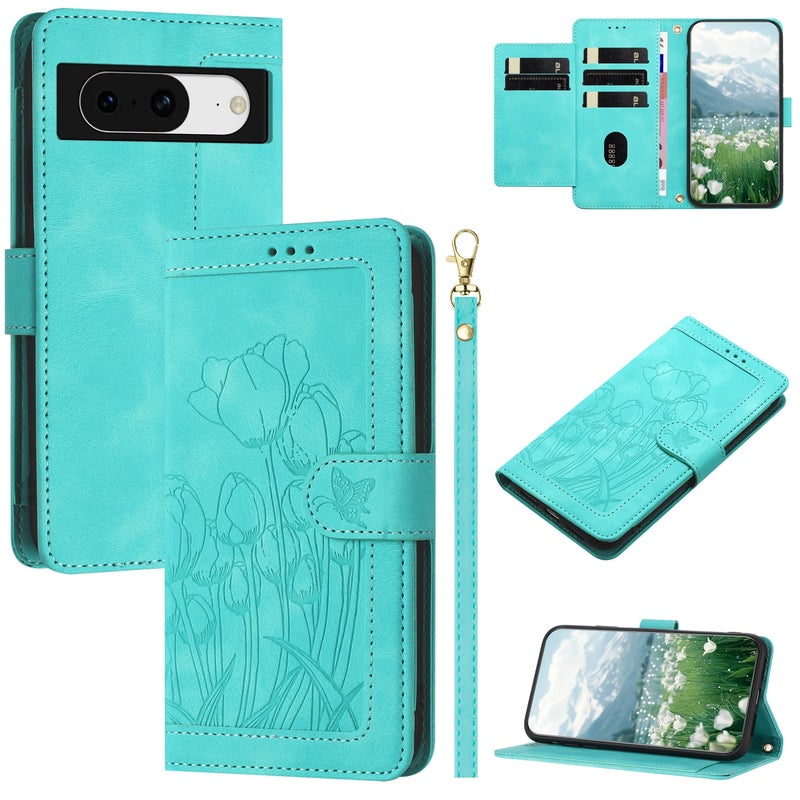 HuHa Protective Cover For Google Pixel 8 Tulips Embossed Leather Phone Case with Lanyard(Green) - Image 1