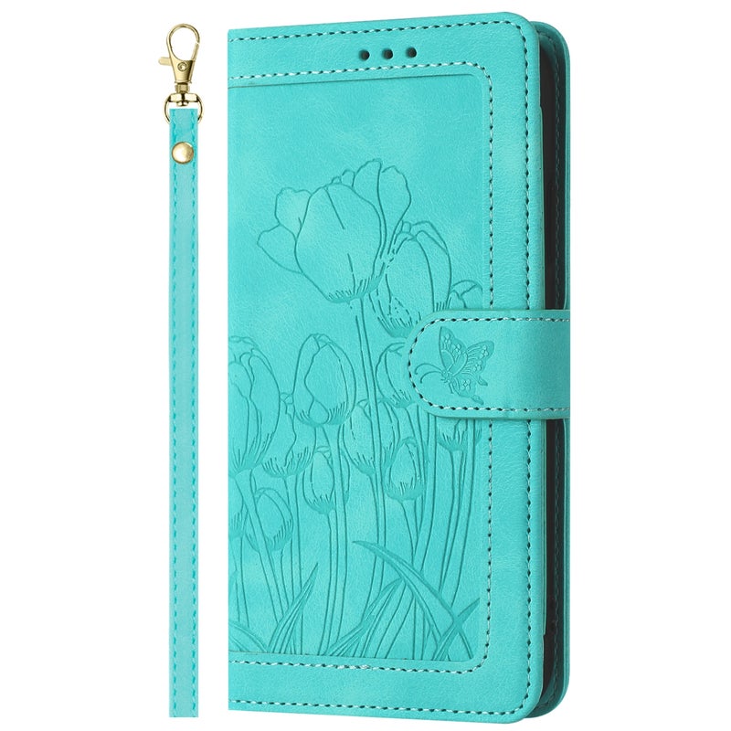 HuHa Protective Cover For Google Pixel 8 Tulips Embossed Leather Phone Case with Lanyard(Green) - Image 2
