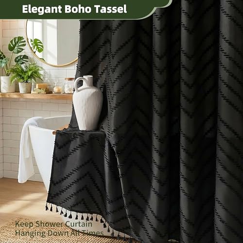 Siiluminisoy Extra Long Black Boho Chevron Shower Curtain with Tassel, Woven Fabric Shower Curtain, 72 x 96, Tufted Striped, Modern Chic Textured Shower Curtain Set Minimalist Bathroom Decor - Image 4