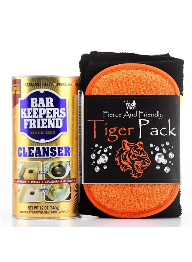 Fox Trot Bar Keepers Friend Powder Cleanser, 12oz Multipurpose Powder Cleaner, Stainless Steel Pan Cleaner Tiger Pack, Black Pro-Grade Microfiber Towel & Dual-Sided Sponge  - Image 1